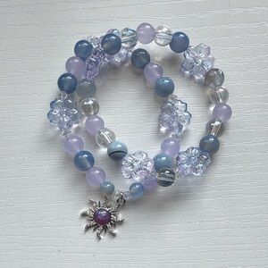 Hand Beaded Artisan Crystal Bracelet Stack Purple Blue Flower Sun